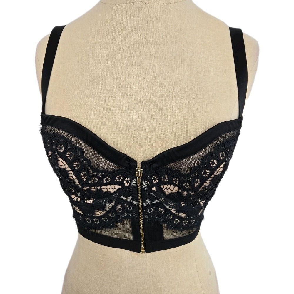 Victoria's Secret‎ Long Line Demi Bra Size 34C Black Lace Zip Front Whimsy Goth